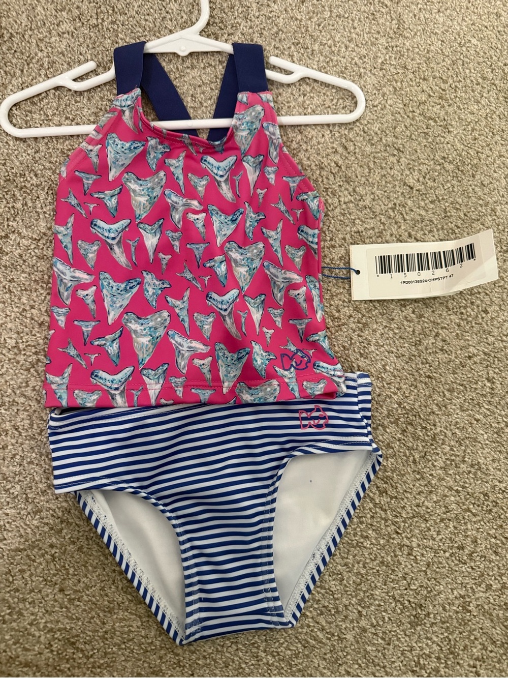 Girls' Pink Shark-Print Tankini with Navy Strap and Blue Stripe Bottoms